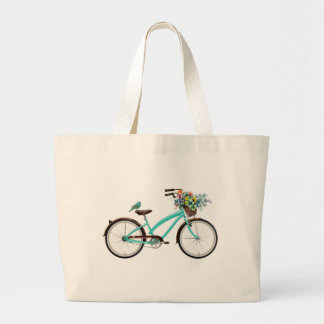 Cykel med fågel och blomsterkorg Turkosblå Jumbo Tygkasse