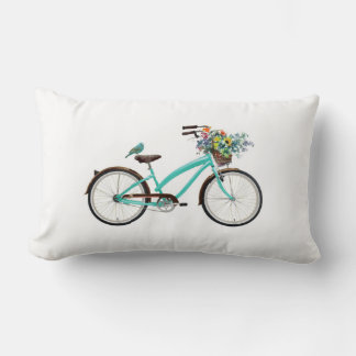 Cykel med fågel och blomsterkorg Turkosblå Lumbarkudde