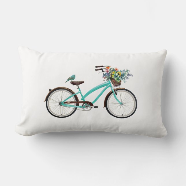 Cykel med fågel och blomsterkorg Turkosblå Lumbarkudde (Framsida)