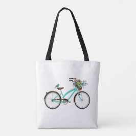 Cykel med fågel och blomsterkorg Turkosblå Tygkasse