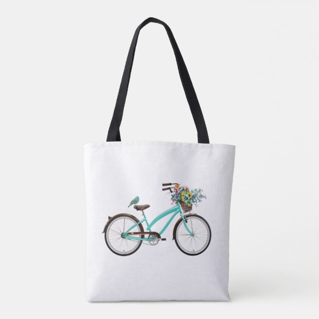 Cykel med fågel och blomsterkorg Turkosblå Tygkasse (Baksida)