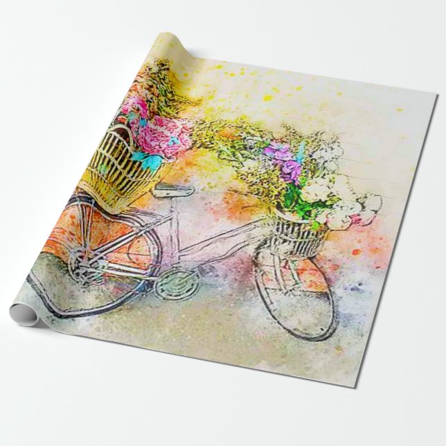 Cykel och blommor presentpapper (Utrullad)