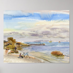 Cykel vid en lugn skalsandstrand Akvarell Poster