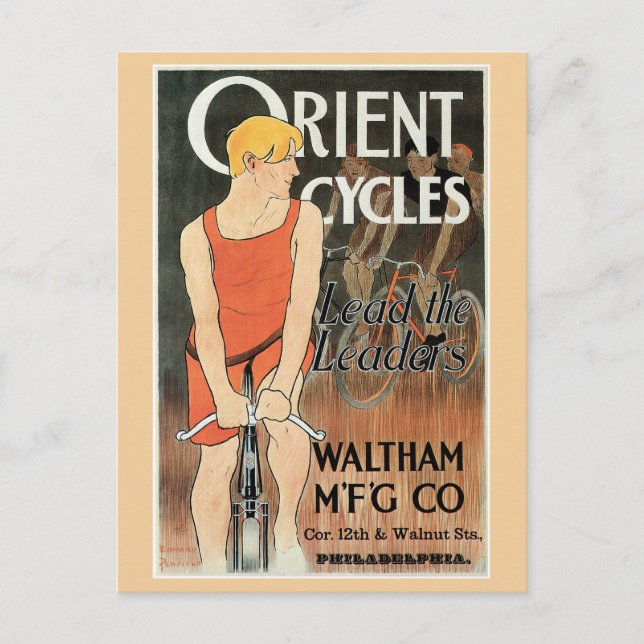 Cykelreklam i vintage art nouveau vykort (Framsida)