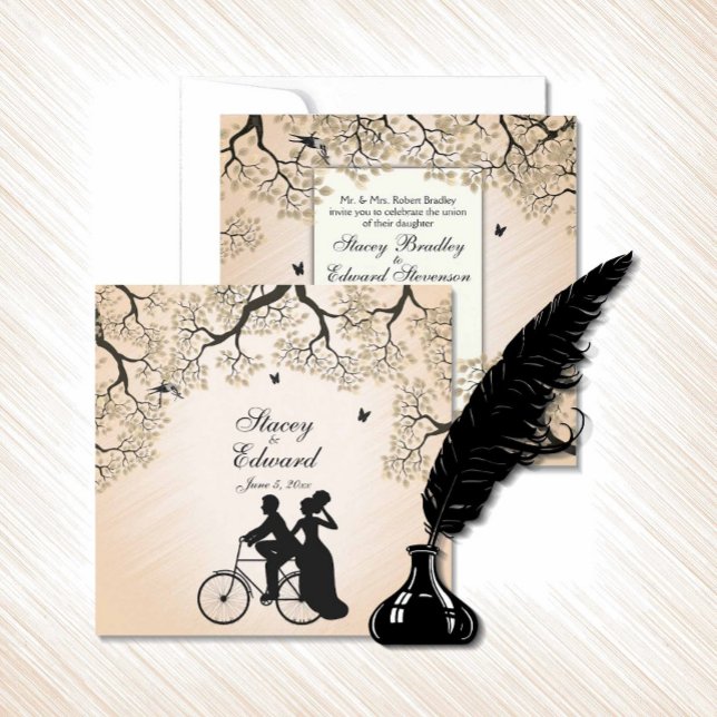 Cykeltema vigselinbjudan i persika inbjudningar (Quaint bicycle wedding invitation)