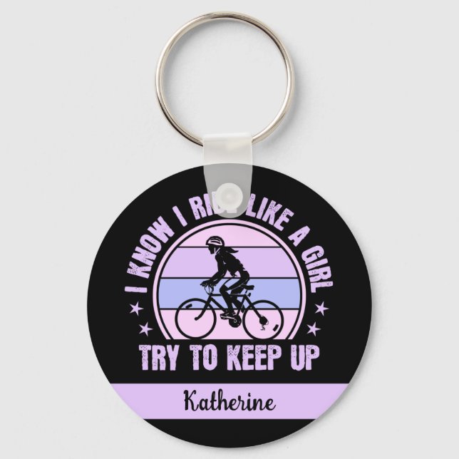 Cykla flicka Försök att Behålla upp Retro-cykeln Nyckelring (Framsida)