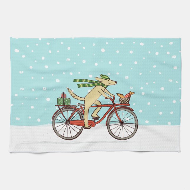 Cykla hund- och ekorrevinterhelgdag kökshandduk (Horisontell)