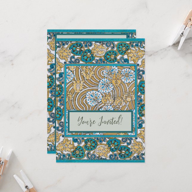 cyklamenblå art nouveau blomma botanisk inbjudningar (Fram/Back In Situ)