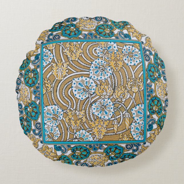 cyklamenblå art nouveau blomma botanisk rund kudde (Framsidan)