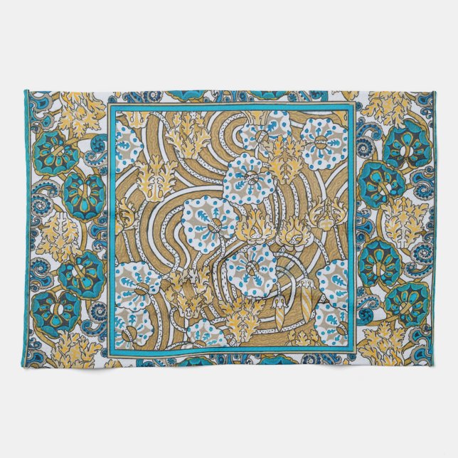 Cyklamenblå art nouveau-blomman tapet kökshandduk (Horisontell)