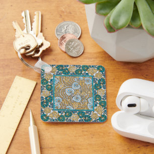 Cyklamenblå art nouveau-blomman tapet nyckelring