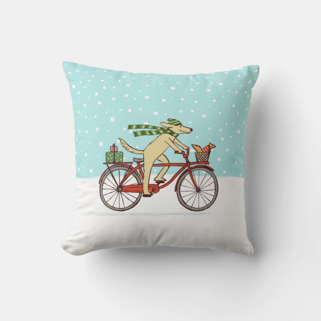 Cyklande Hund och ekorre Whimsical Winter Helgdag Kudde (Framsida)