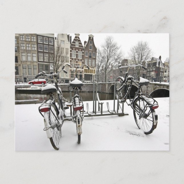 Cyklar i snöig Amsterdam i Nederländerna Vykort (Framsida)