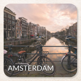 Cyklar på solnedgången i Amsterdam Underlägg Papper Kvadrat