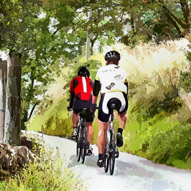 CYKLING FOTOTRYCK (Two road racing cyclists enjoying the country lanes of Wales.)