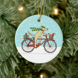 Cykling Hund och ekorrel Whimsical Winter Helgdag Julgransprydnad Keramik