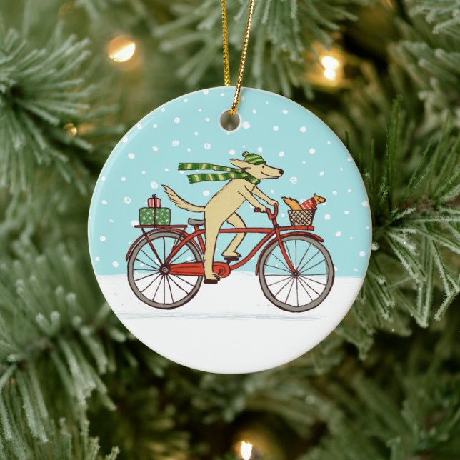Cykling Hund och ekorrel Whimsical Winter Helgdag Julgransprydnad Keramik (Träd)