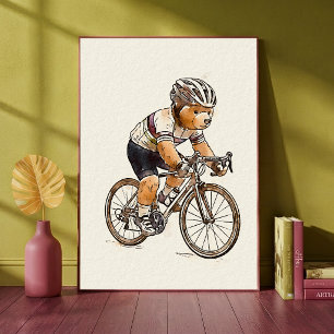Cykling Teddybjörn Cyklist Djur Sport Barnkammare Poster