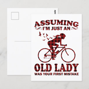 Cykling Woman antar att jag bara är en gammal Dam Vykort