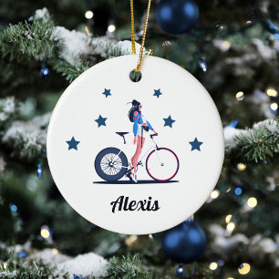 Cyklist Cyclist Cycling Bicycle Barn Namn Stars Julgransprydnad Keramik