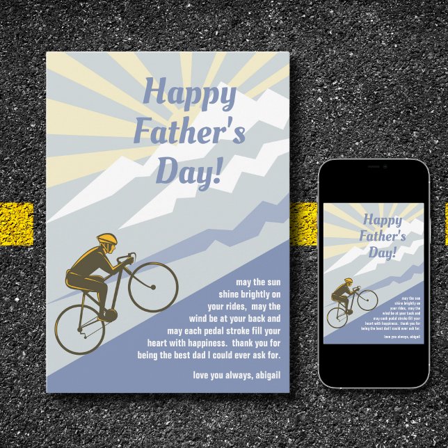 Cyklist cyklar uppför bergsväg Cykelfadersdag Kort (Skapare uppladdad)