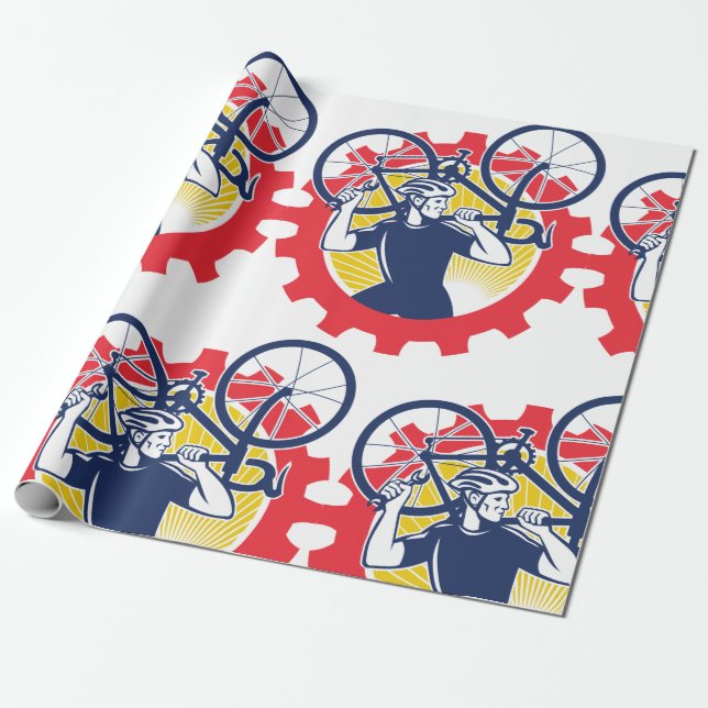 Cyklist som bär cykel Cykel mekaniker Växel Presentpapper (Utrullad)