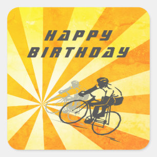 Cyklister på väg med Retro Sunburst Bike Birthday Fyrkantigt Klistermärke