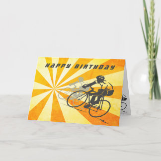 Cyklister på väg med Retro Sunburst Bike Birthday Kort
