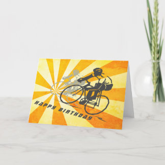 Cyklister på väg med Retro Sunburst Biking Birthda Kort