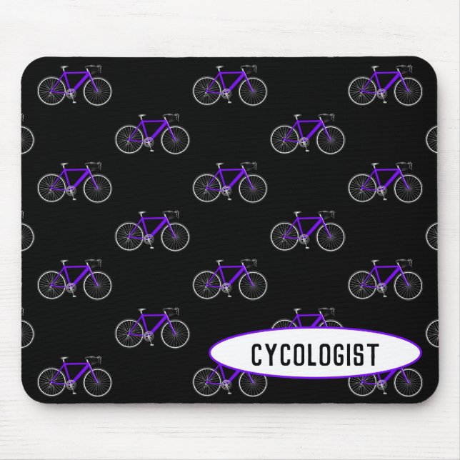 cykolog lila-cykel på svart musmatta (Framsidan)