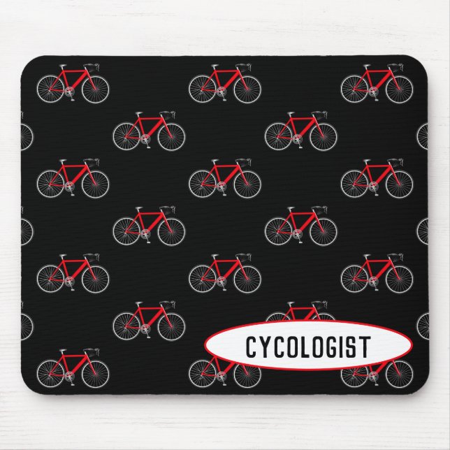 Cykolog röd cykel på svart musmatta (Framsidan)