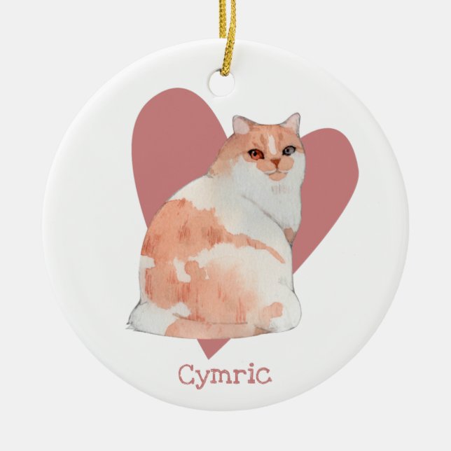 Cymric Cat Watercolor Kattunge Rosa Heart Julgransprydnad Keramik (Framsidan)