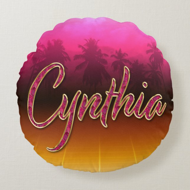 Cynthia Vorname Name golden pink Kissen Rund Kudde (Framsidan)