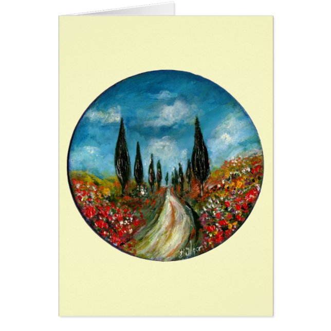 CYPRESS TRÄD OCH POPPIER I TUSCANY ROUNE HÄLSNINGSKORT (Framsidan)