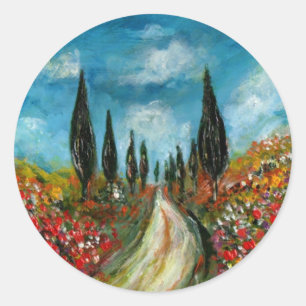CYPRESS TRÄD OCH POPPIER I TUSCANY ROUNE RUNT KLISTERMÄRKE