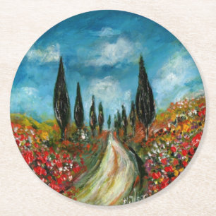 CYPRESS TRÄD OCH POPPIER I TUSCANY ROUNE UNDERLÄGG PAPPER RUND