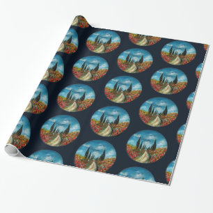 CYPRESS TRÄD OCH POPPIER I TUSCANY ROUNY Blue Presentpapper