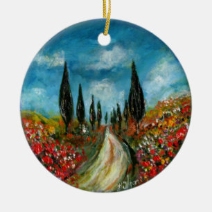 CYPRESS TRÄD OCH VALLMOR I DEN TUSCANY RUNDAN JULGRANSPRYDNAD KERAMIK