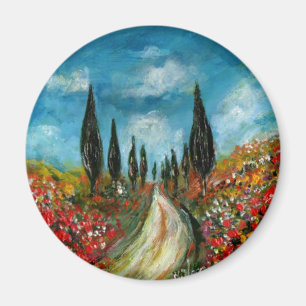 CYPRESS TRÄD OCH VALLMOR I DEN TUSCANY RUNDAN MAGNET