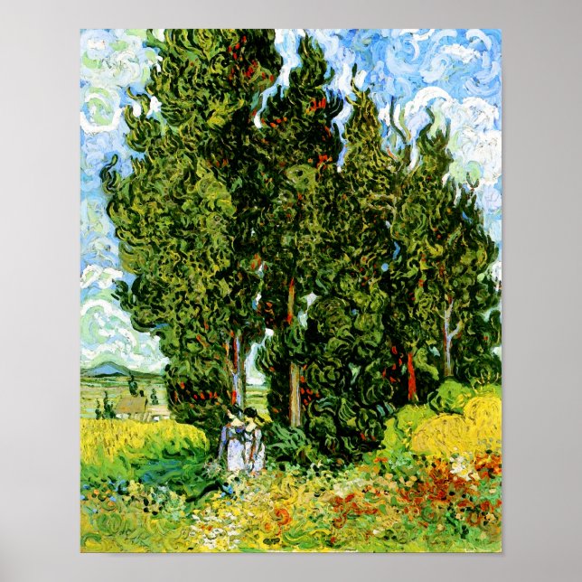 Cypressar med två kvinnor Van Gogh Fine Art Poster (Framsidan)