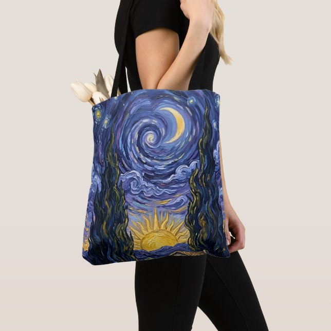 Cypresskväll Midnattsmåne i Van Goghs stil Konstve Tygkasse (Närbild)
