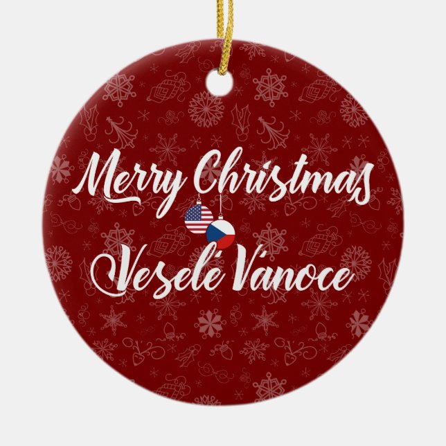 Czech American Bilingual Merry Christmas Julgransprydnad Keramik (Framsidan)