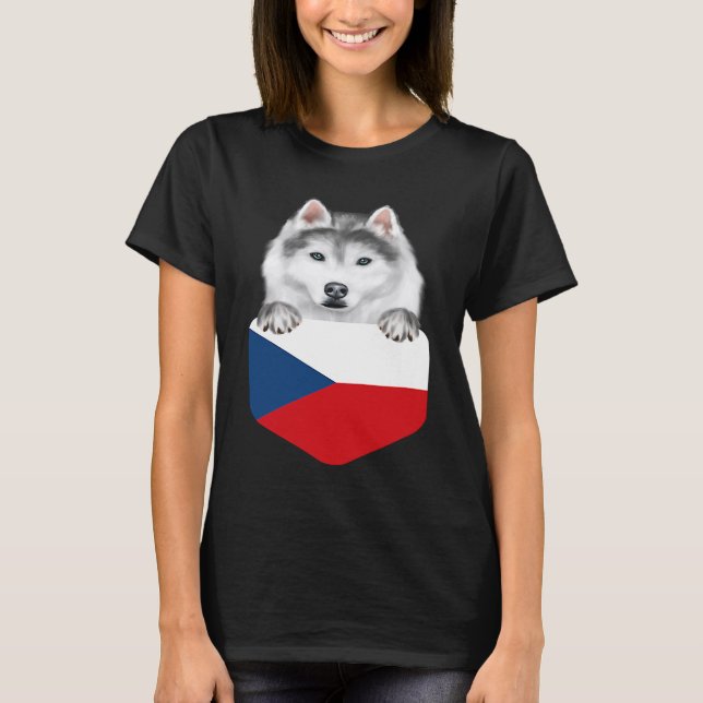 Czech Republic Flag Siberian Husky Dog In Pocket T Shirt (Framsida)