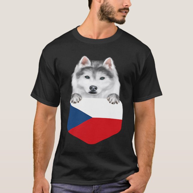 Czech Republic Flag Siberian Husky Dog In Pocket T Shirt (Framsida)