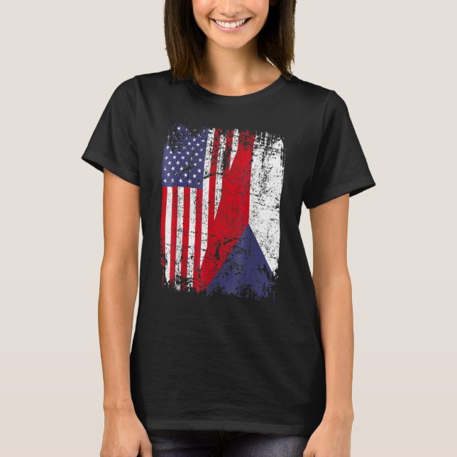 CZECH REPUBLIC ROOTS Half American Flag CZECH T Shirt (Framsida)
