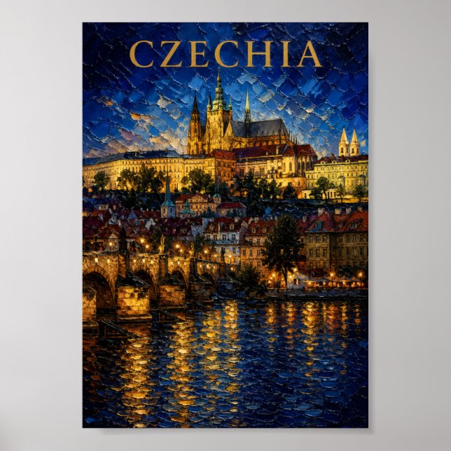 Czechia: Night Glow Prague Castle Art Souvenir Poster (Framsidan)