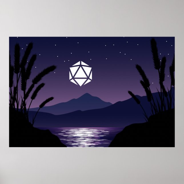 D20 Dice Måne Beach Reflection Tabletop RPG Poster (Framsidan)