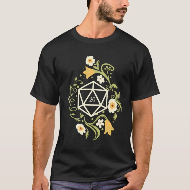 D20 Dice of Druid Flowers Tabletop RPG T Shirt (Framsida)