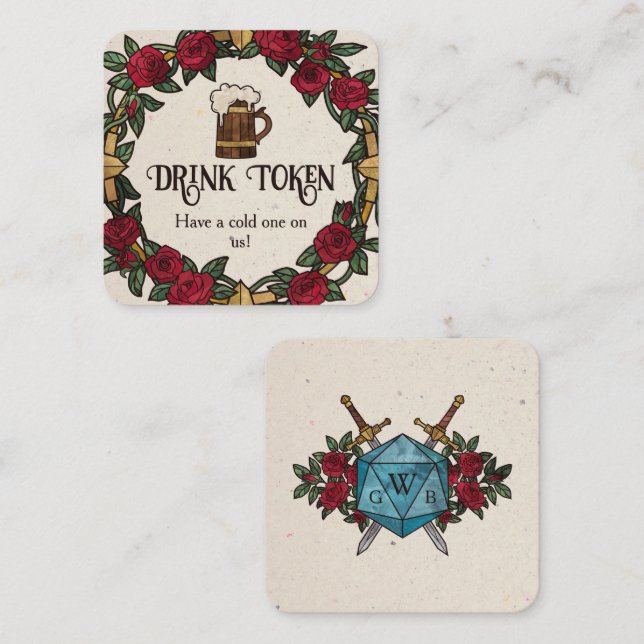 D20 Monogram Rosenkranz RPG Bröllop Dricksticket Tilläggskort (Fram/baksida)