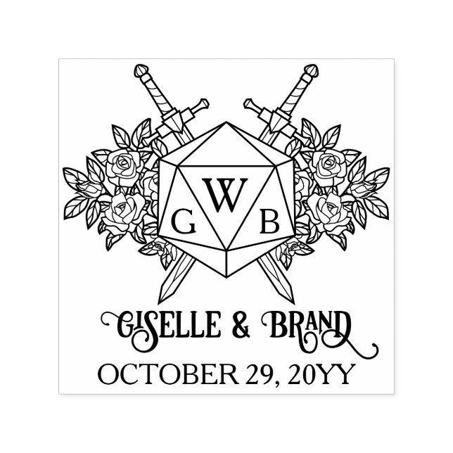 D20 Monogramrosor RPG-tema Bröllop Självfärgande Stämpel (Design)